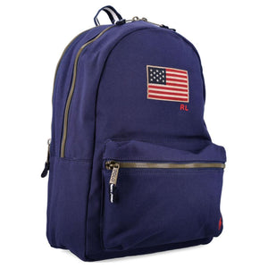 Polo Ralph Lauren zipper closure front embroidered with logo, cotton backpack, unisex couple's style, navy blue