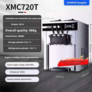Commercial soft-serve ice cream machine with three handles for dispensing two separate flavors and a twist mix, shown alongside key details like its 24-liter per hour output and 2600-watt power