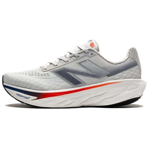 New Balance Fresh Foam X running shoe in light grey with dark navy logo and cushioned white sole, lateral side view