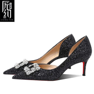 Christiana حذاء كعب عالي Glitter مزين بـ Crystal Buckle أنيق.