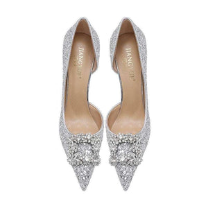 Christiana حذاء كعب عالي Glitter مزين بـ Crystal Buckle أنيق.