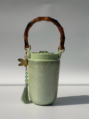Starbucks cup 2026 spring sequence pattern Chinese green portable bamboo handle double drinking spout stainless steel cup
