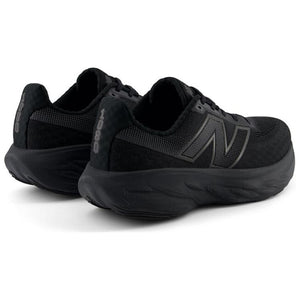 Pair of all-black New Balance Fresh Foam X 1080 running shoes shown from a rear three-quarter angle, highlighting the heel counter, "1080" branding, and thick cushioned midsoles