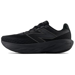 Side profile of an all-black New Balance Fresh Foam X 1080 running shoe, featuring a dark mesh upper, subtle dark "N" logo, and a thick black cushioned sole
