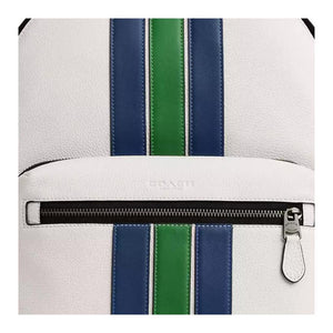 COACH West 32 striped design leather backpack, large size men's chalk white mixed colors
