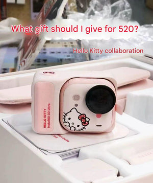 A close-up preview of the Hello Kitty Insta360 GO Ultra action camera inside its tray, featured as a special 520 collaboration gift idea.