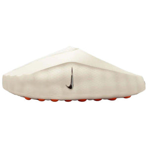 Side profile view of the Nike Mind 001 slip-on shoe in clean off-white, featuring a black swoosh and contrasting bright apricot orange outsole pods.