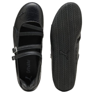 Puma Speedcat Ballet Strap black leather shoes top insole view and bottom rubber outsole pattern.