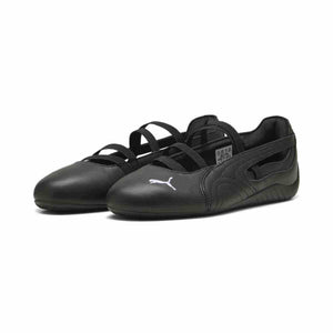 Pair of original Puma Speedcat Ballet triple black shoes front angle view on white background.