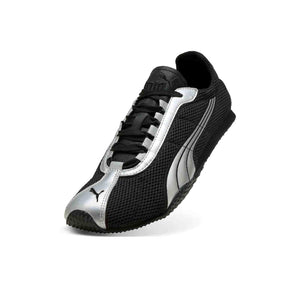 Puma Speedcat black silver mesh shoe front top perspective showing lace system and toe cap.