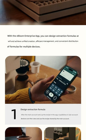 A person holding a smartphone using the xBloom app to adjust grind and temperature settings for a customized coffee recipe.