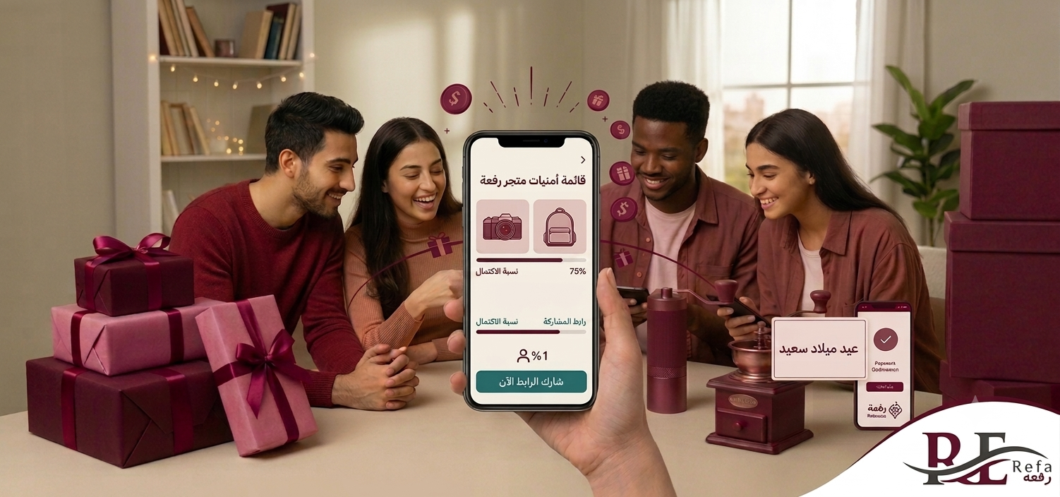 A group of friends smiling and looking at smartphones, with a close-up of a hand holding a mobile phone that displays a wishlist in Arabic with a 75% progress bar, alongside a "Happy Birthday" card and the Refa logo in the bottom right corner.