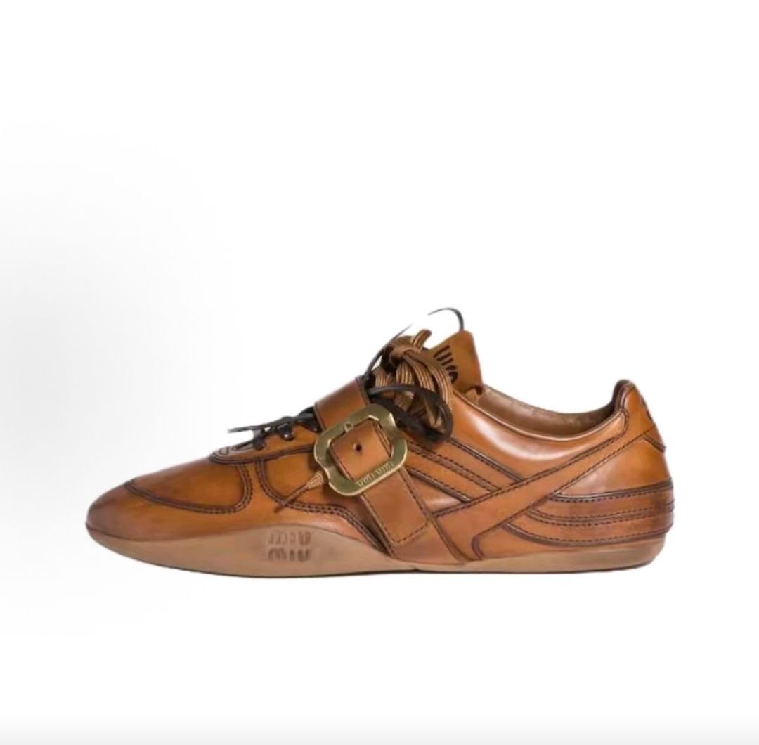 MIU MIU Gymnasium FW25 Fall/Winter Collection Runway Style Calfskin Leather Buckle Lace-up Shoes, Low-top Casual Women's Shoes