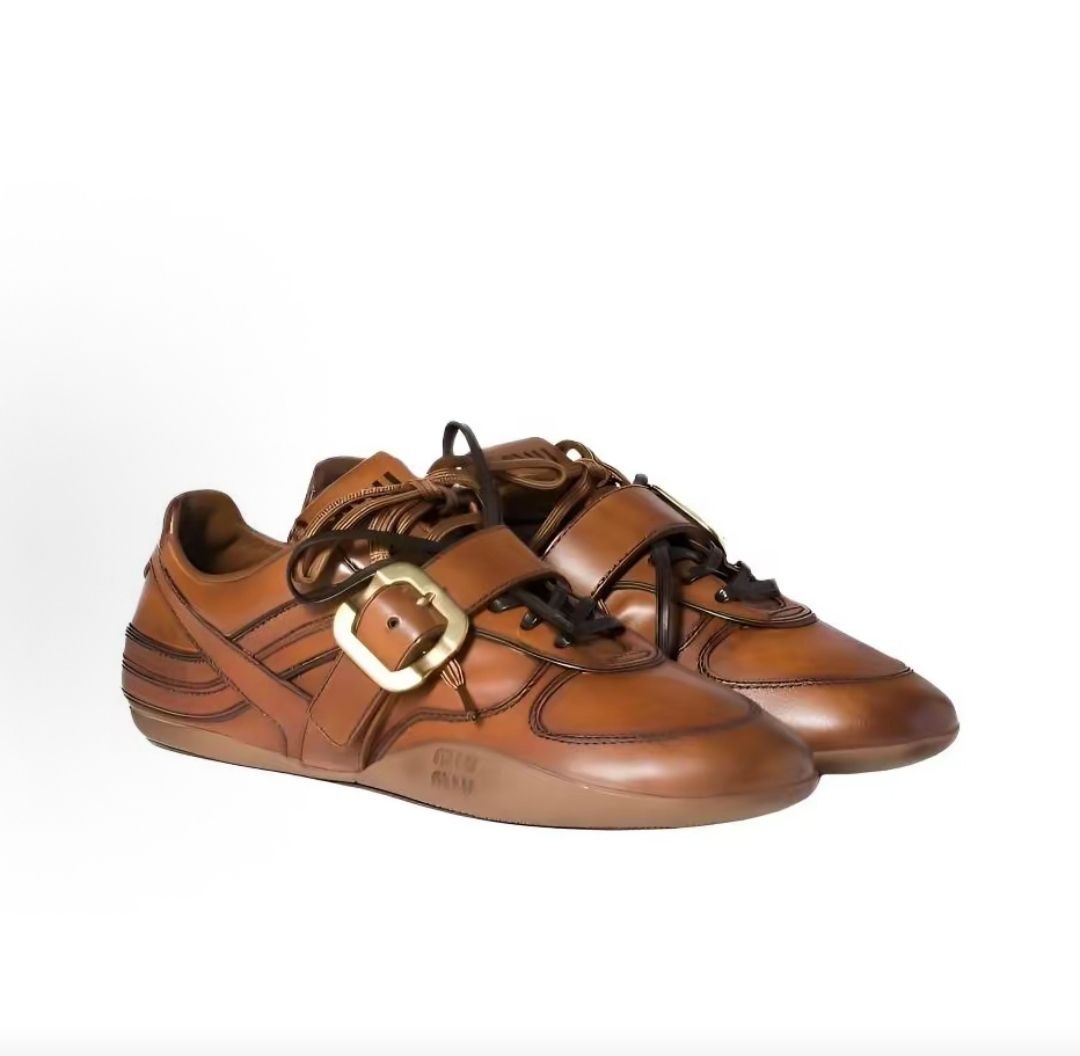 MIU MIU Gymnasium FW25 Fall/Winter Collection Runway Style Calfskin Leather Buckle Lace-up Shoes, Low-top Casual Women's Shoes