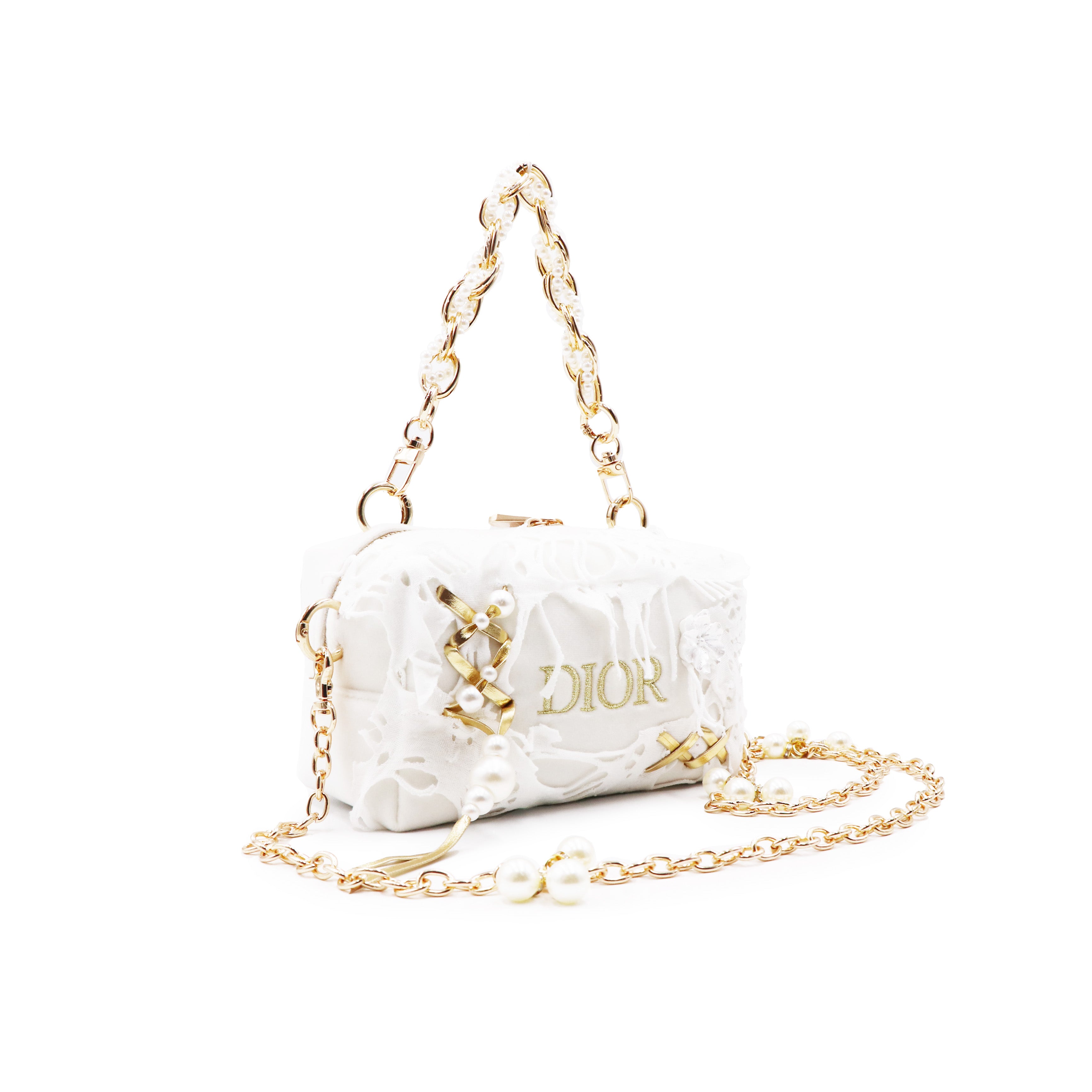 DIOR [Custom Makeup Bag] Steam Puppet Armstanton Love Letter Metal Chain Plant Fiber Low Luxury Artistic Style Portable Storage Shoe Crossbody Handbag Platinum