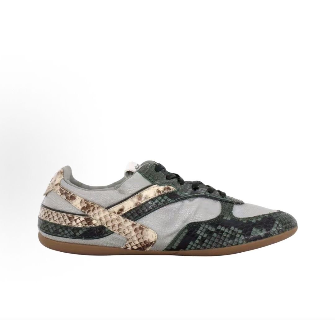 MIU MIU Gymnasium Leather Python Print Round Toe Lace-up Low-top Casual Shoes 0.8cm Women's Cloud Grey with Cedar Green