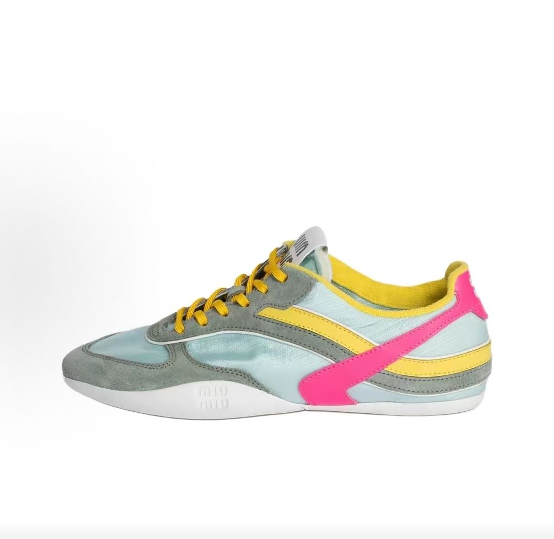 MIU MIU Gymnasium Suede Leather Technical Fabric Colorful Ribbon Round Toe Lace-up Thin Sole Low-top Casual Shoes Women's Yellow