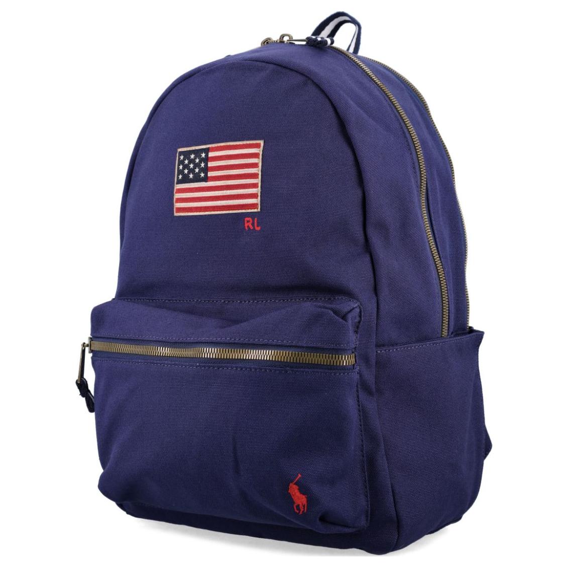 Polo Ralph Lauren zipper closure front embroidered with logo, cotton backpack, unisex couple's style, navy blue