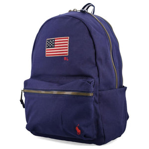 Polo Ralph Lauren zipper closure front embroidered with logo, cotton backpack, unisex couple's style, navy blue