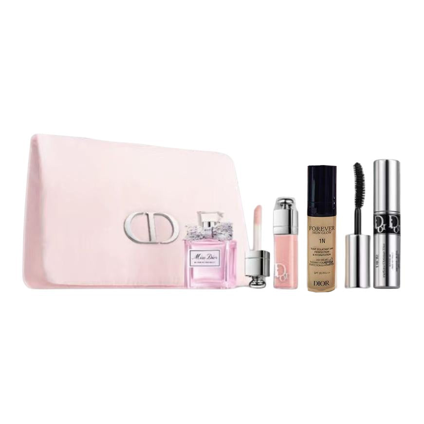 DIOR Blooming Bouquet Makeup & Perfume Sample Set Easy to Apply Brightening Complexion and Flattering Complexion, 4-piece set + makeup bag
