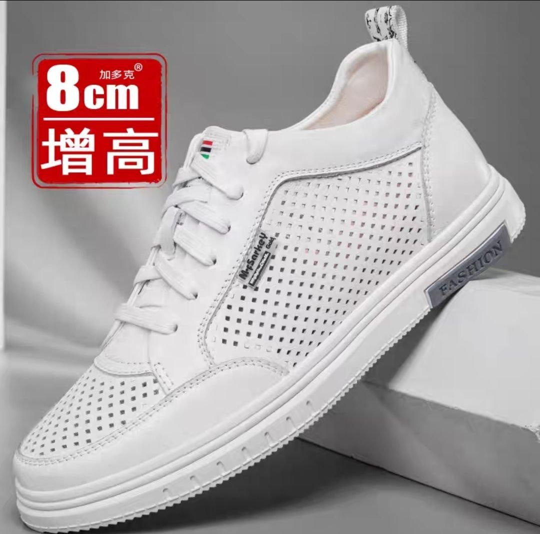 Men's Summer Height Increasing Shoes, 8CM Breathable Mesh, 6 Hollowed-out Genuine Leather Casual Sneakers, Invisible Hidden Height Increasing Shoes, Trendy