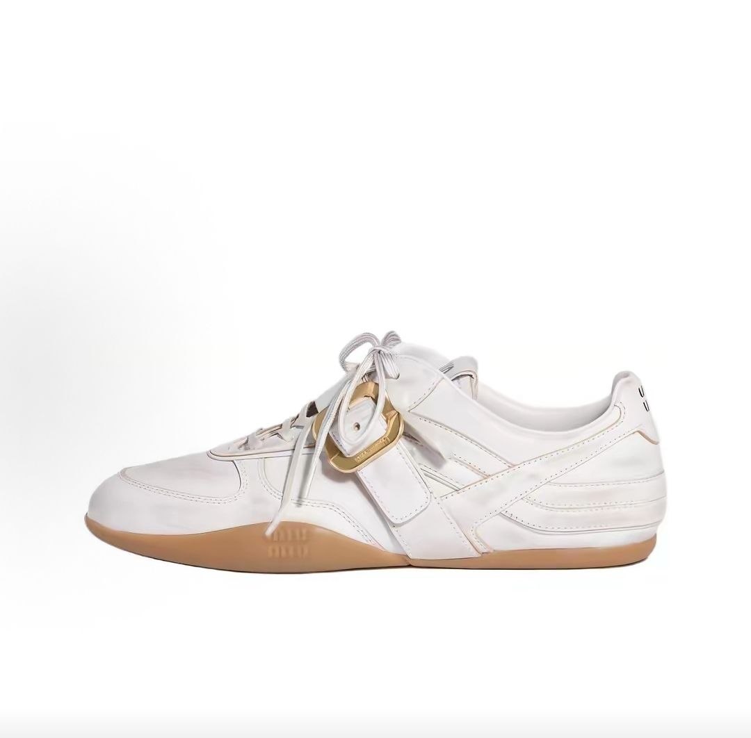 MIU MIU Gymnasium calfskin round toe lace-up low-top casual shoes for women, white.