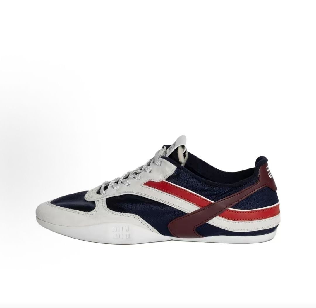 MIU MIU Gymnasium Colorful Ribbon Logo Embossed Round Toe Lace-up Slim-fit Low-top Casual Shoes for Women, Blue and White