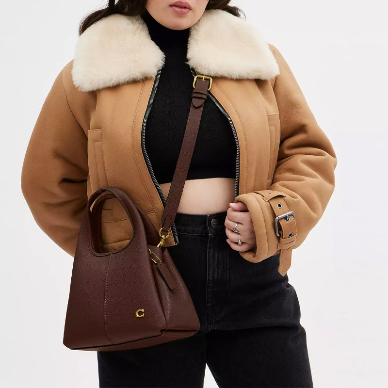 COACH Lana 22 Metal Logo Polished Pebble Leather Handbag Small Size Women's Brass Maple Color