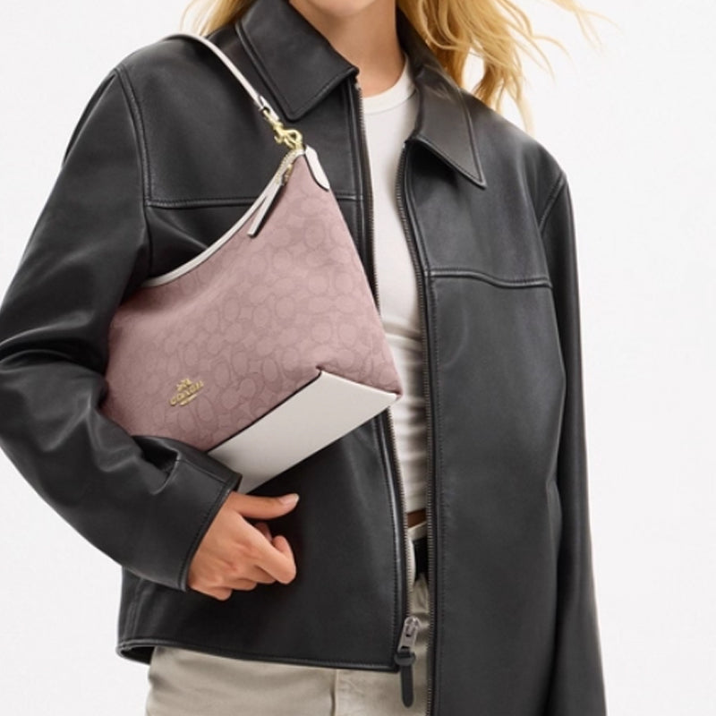 COACH Laurel 31 Gold Metal Logo Detachable Shoulder Strap Bag, Underarm Bag, Fabric Single Shoulder Bag, Large Size, Women's, Pink