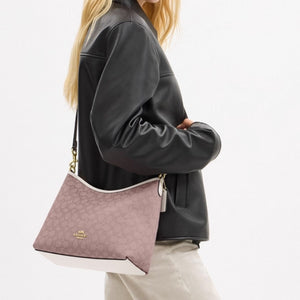 COACH Laurel 31 Gold Metal Logo Detachable Shoulder Strap Bag, Underarm Bag, Fabric Single Shoulder Bag, Large Size, Women's, Pink