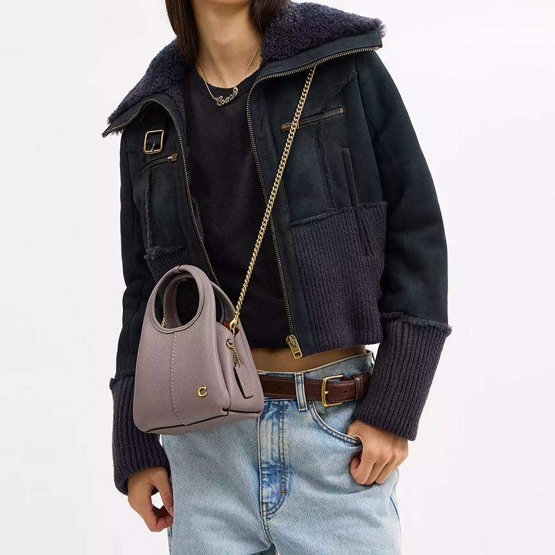 COACH Lana 19 Brand Logo Detachable Chain Strap Polished Pebble Pattern Leather Single Shoulder Crossbody Handbag Small Women's Brass Gray Edition