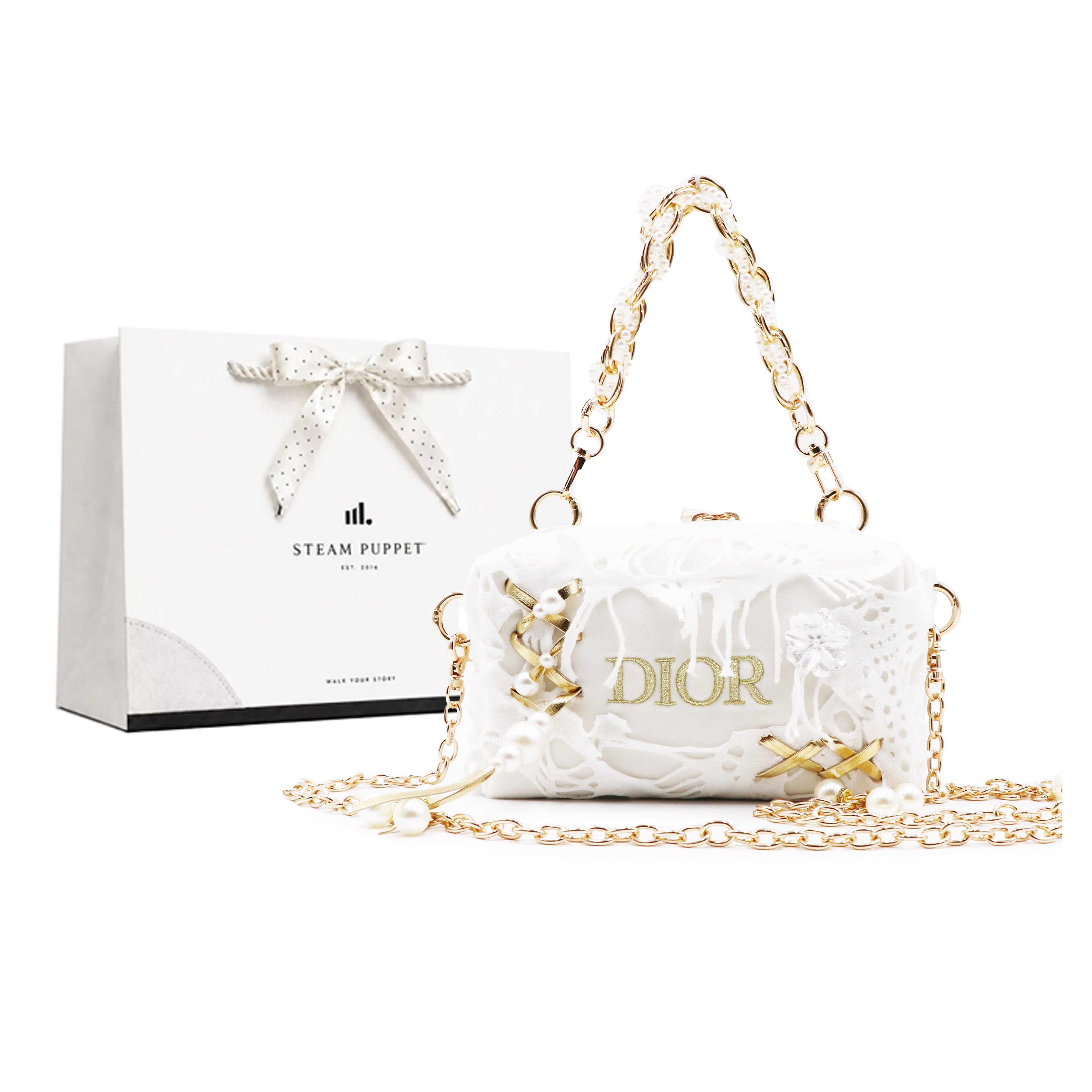 DIOR [Custom Makeup Bag] Steam Puppet Armstanton Love Letter Metal Chain Plant Fiber Low Luxury Artistic Style Portable Storage Shoe Crossbody Handbag Platinum