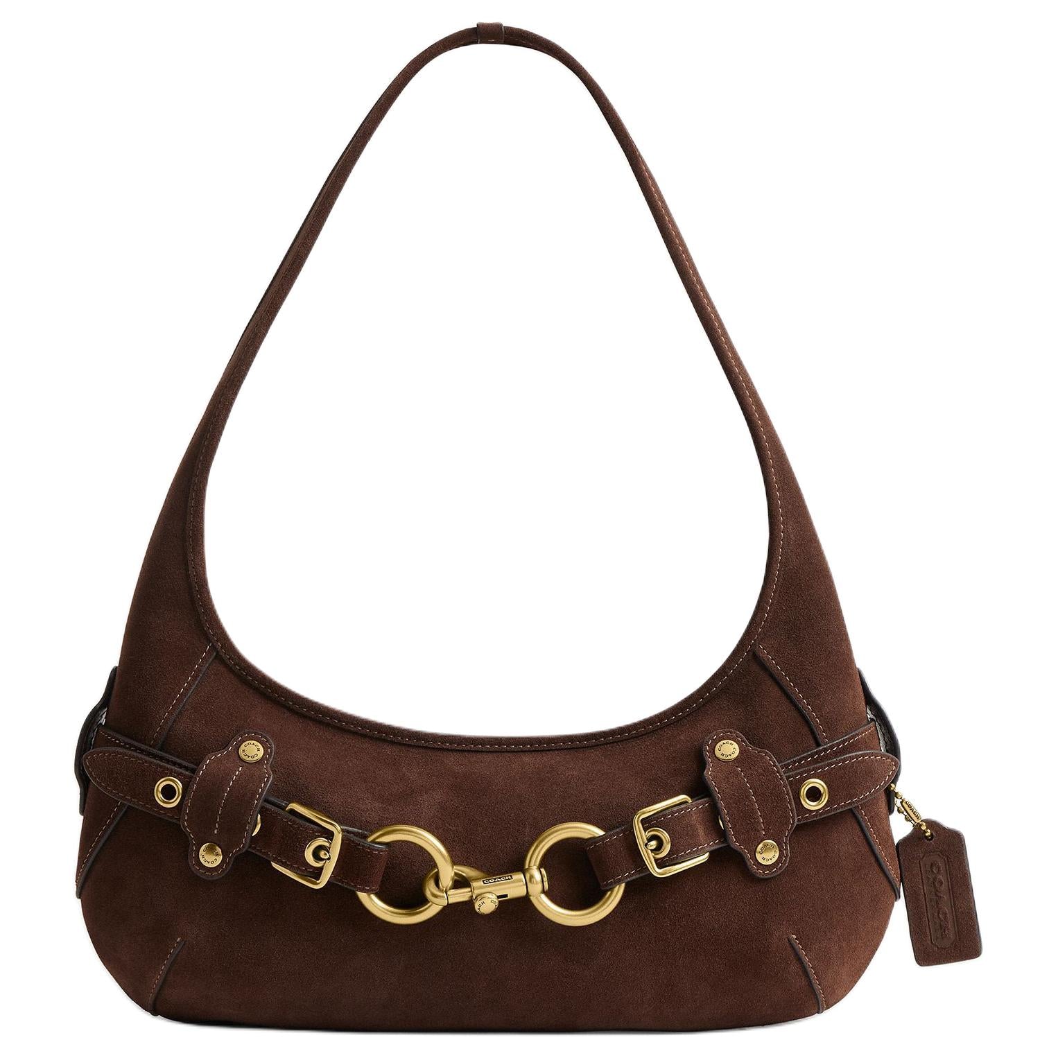 COACH 34 Belted Ergo Smooth Design Pull Buckle Hardware Cow Split Cowhide Leather Single Shoulder Bag Large Unisex Couple Style Dark Chocolate Color