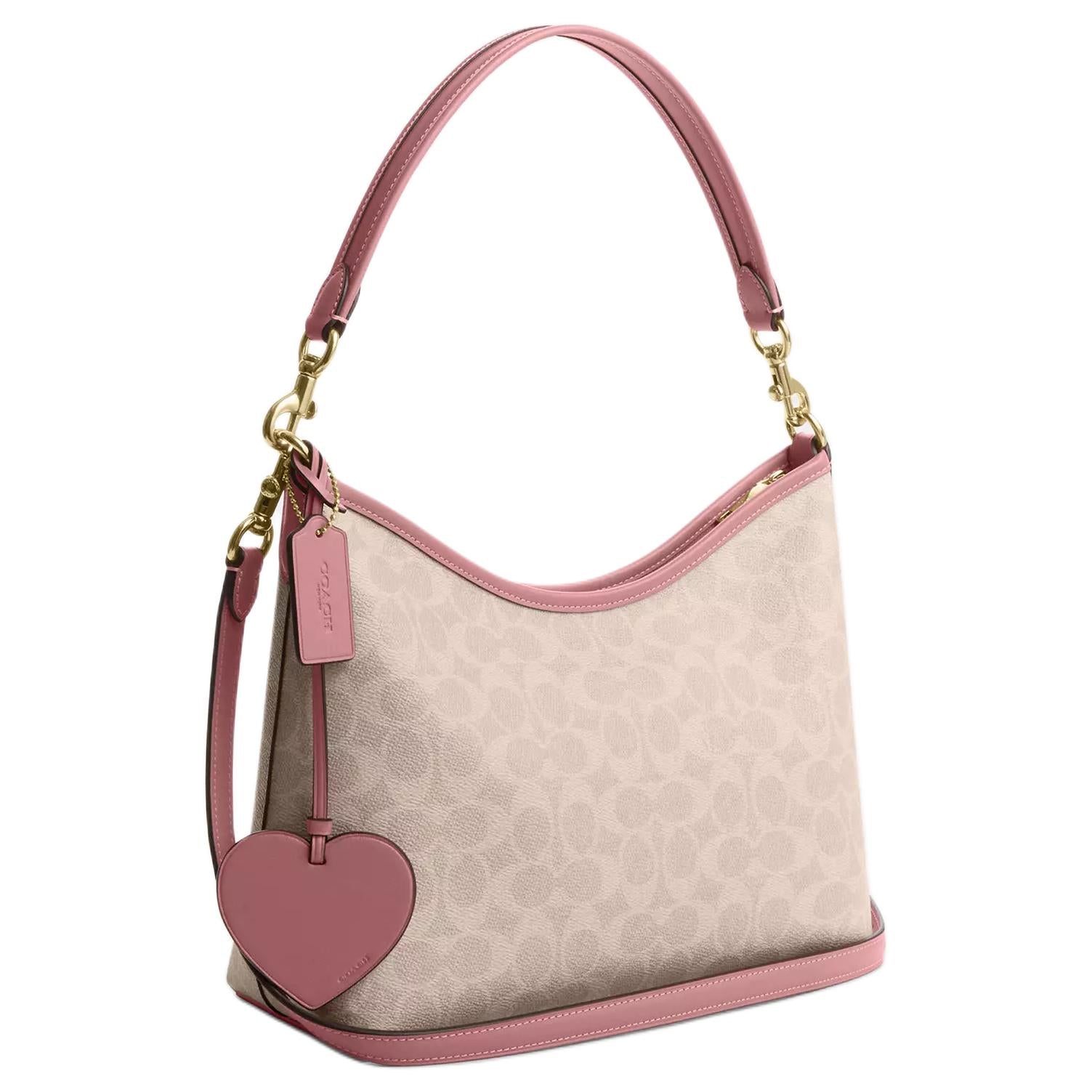 COACH Laurel 31 Brand Letter Logo Heart Pendant Artificial Leather Crossbody Single Shoulder Bag Large Women's Sand Color with Asphalt