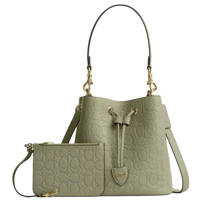 COACH Rowan 21 Letter-Embossed Gold Hardware Accessories Pebble Pattern Leather Bucket Bag Single Shoulder Small Women's Pistachio Green