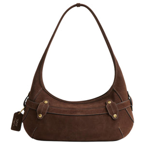 COACH 34 Belted Ergo Smooth Design Pull Buckle Hardware Cow Split Cowhide Leather Single Shoulder Bag Large Unisex Couple Style Dark Chocolate Color