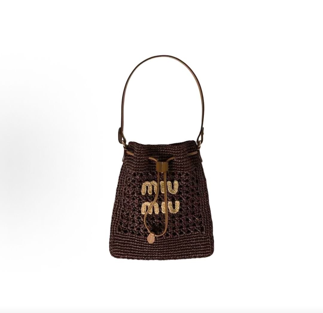 MIU MIU woven letter logo, raffia fiber bucket  Mini handbag for women, cocoa brown and natural color combination.
