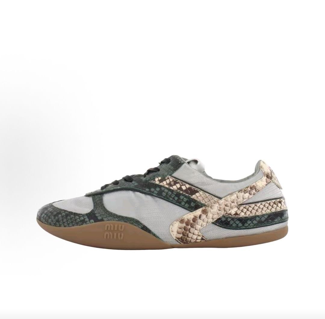 MIU MIU Gymnasium Leather Python Print Round Toe Lace-up Low-top Casual Shoes 0.8cm Women's Cloud Grey with Cedar Green