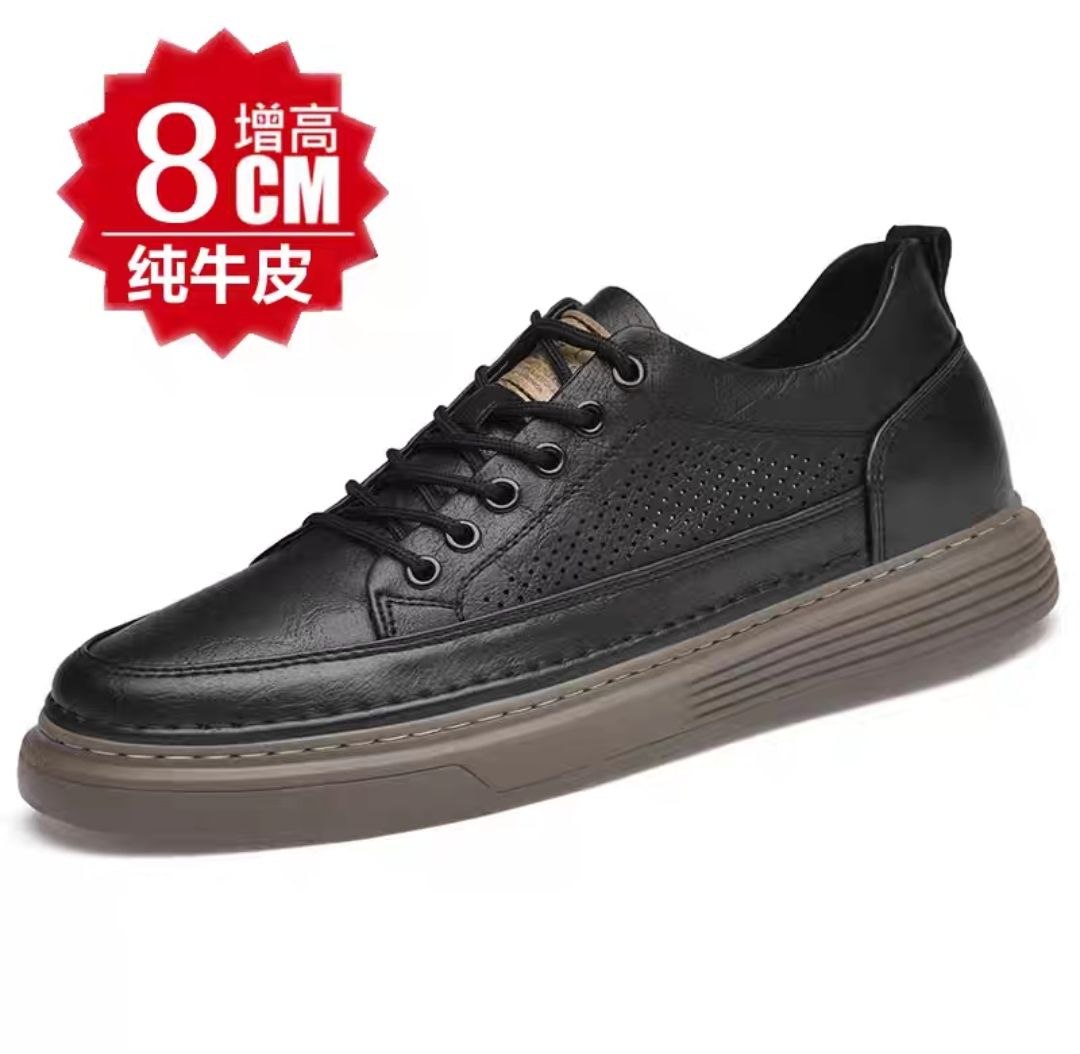 Trendy leather platform shoes for men, European style casual 6CM genuine leather white sneakers, 8cm/10cm sneakers with invisible inner height increase.