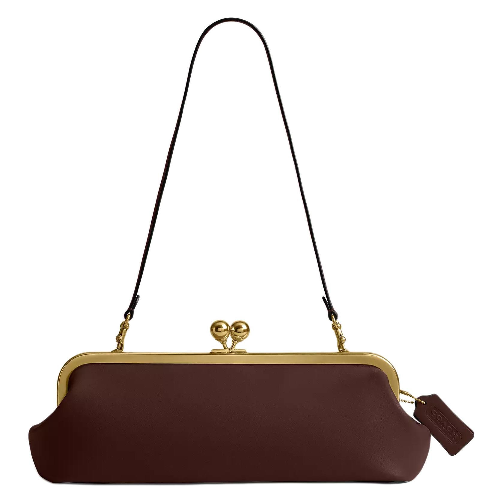COACH KisslockFrame 30 Gold Kisslock Design Metal Frame Gloves Tanned Leather Single Shoulder Bag Large Women's Maple Brown