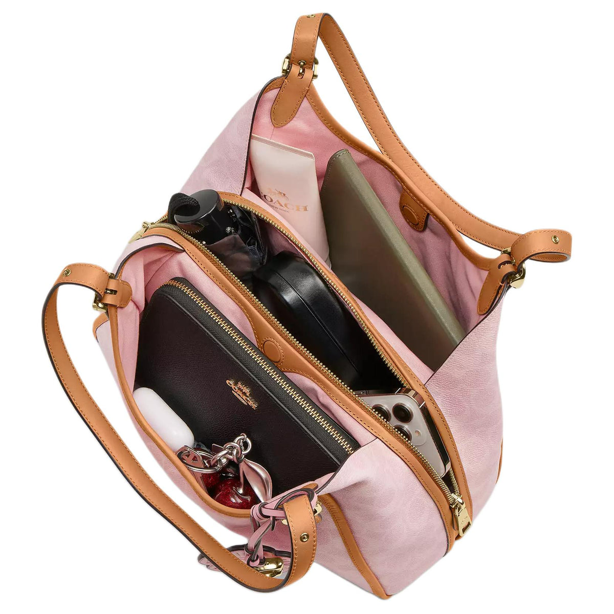 COACH Erin 31 Monogram Full Print Metal Accessory Floral Letter Pendant Tote Bag, Coated Canvas Leather Handbag Single Shoulder Bag, Large Size Women's Pink