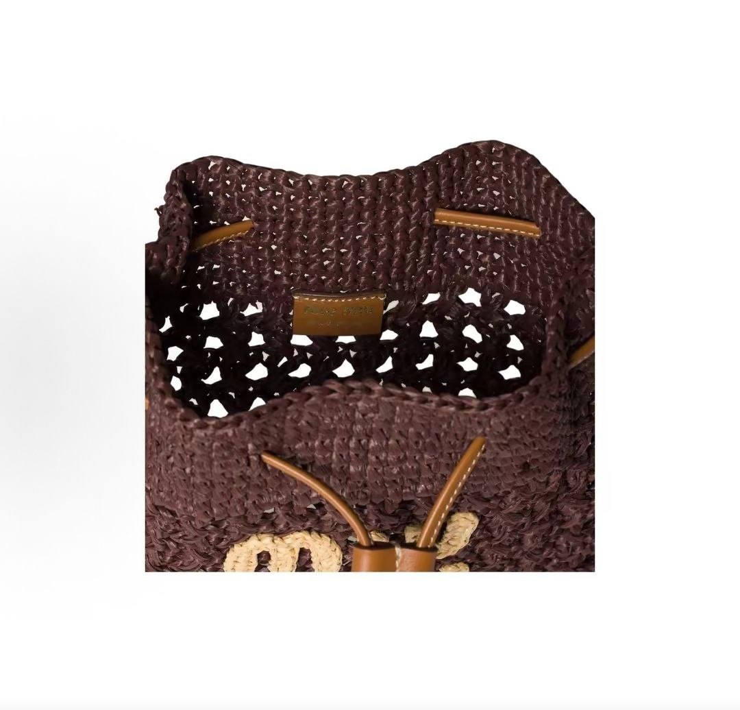 MIU MIU woven letter logo, raffia fiber bucket  Mini handbag for women, cocoa brown and natural color combination.
