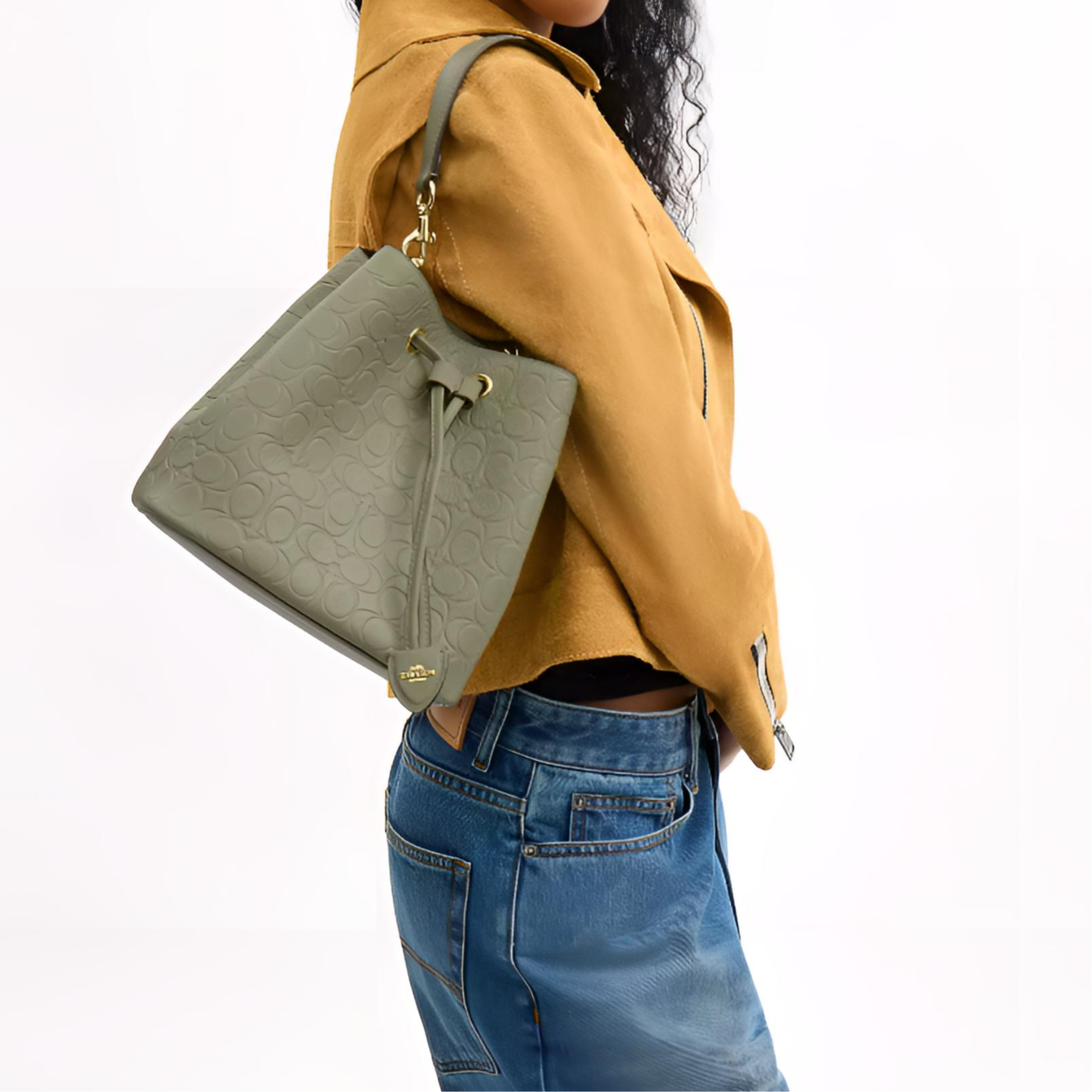 COACH Rowan 21 Letter-Embossed Gold Hardware Accessories Pebble Pattern Leather Bucket Bag Single Shoulder Small Women's Pistachio Green