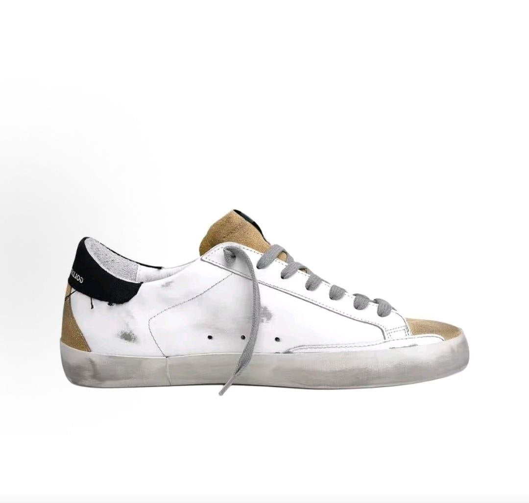 Golden Goose Super-Star Leather Round Toe Lace-up Flat Low-top  Stylish Sneakers, Men's, White and Green Distressed Style