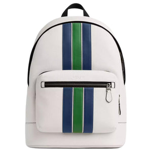COACH West 32 striped design leather backpack, large size men's chalk white mixed colors