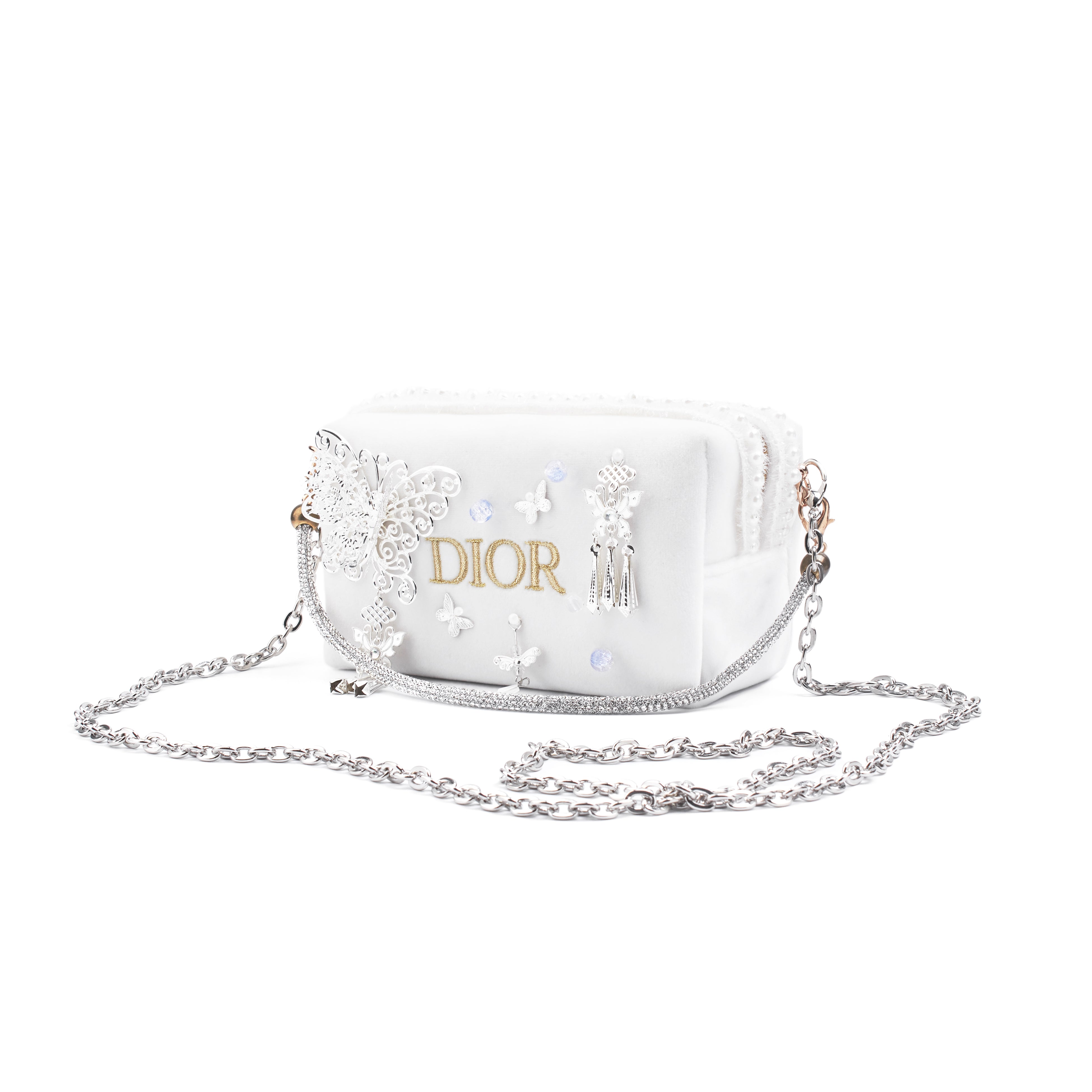 DIOR [Custom Makeup Bag] Little Flower Moonlight Butterfly Shadow Beautiful Romantic Elegant Butterfly Pearl Japanese Sweet Regular Velvet Makeup Bag