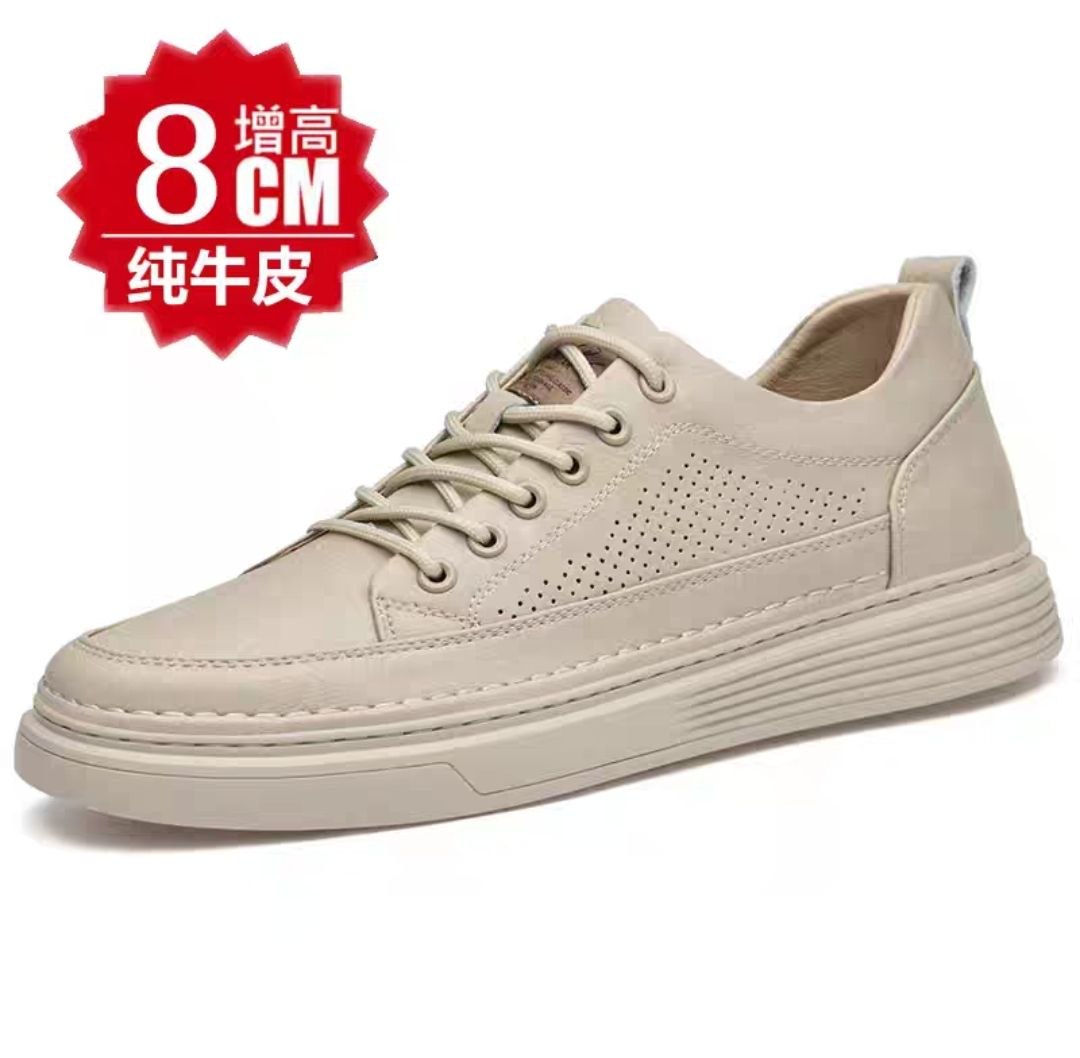 Trendy leather platform shoes for men, European style casual 6CM genuine leather white sneakers, 8cm/10cm sneakers with invisible inner height increase.