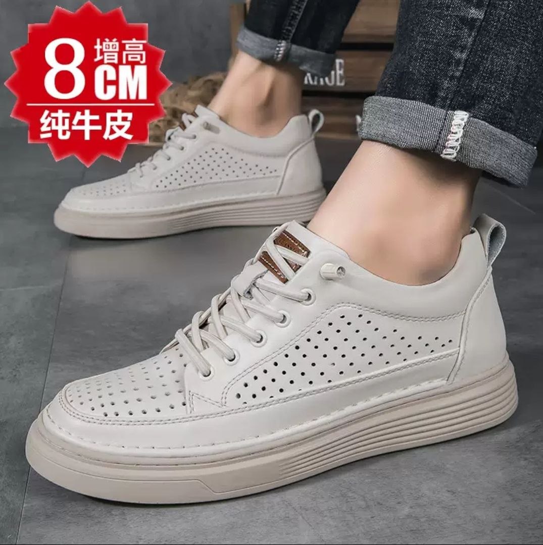 Summer genuine leather breathable hollow casual shoes slip-on leather shoes small size men's sneakers with hidden height increase of 10cm or 8cm
