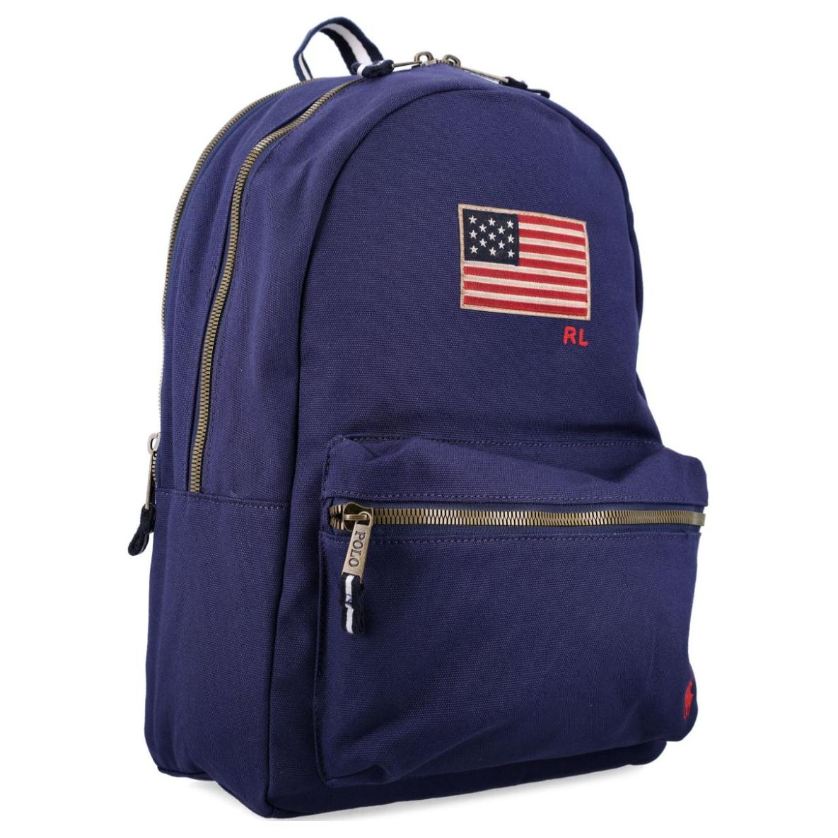 Polo Ralph Lauren zipper closure front embroidered with logo, cotton backpack, unisex couple's style, navy blue