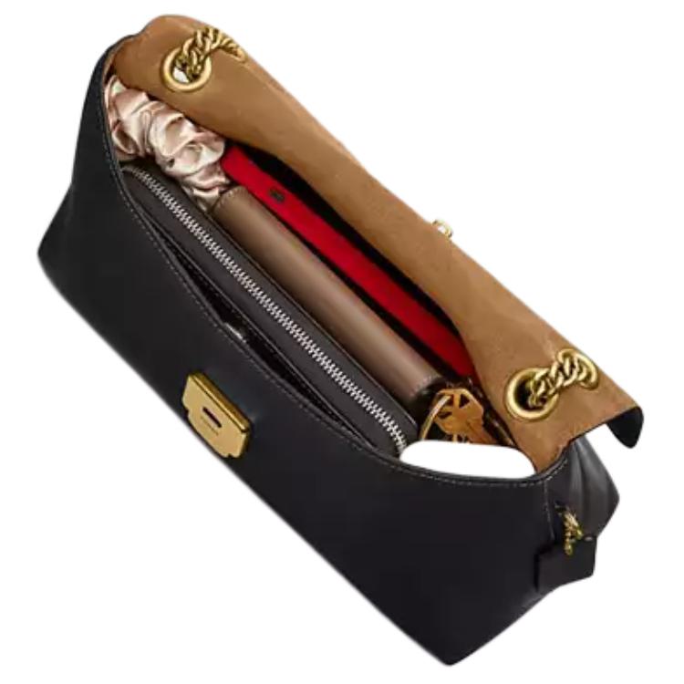 COACH Chelsea 30 adjustable gold chain shoulder strap push-lock openable zipper bag cowhide leather single shoulder crossbody bag large size women's black style
